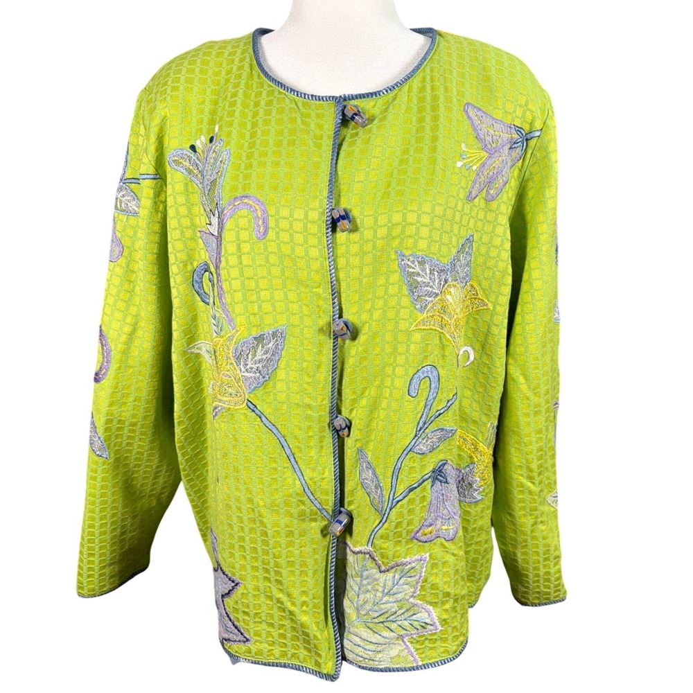 Indigo Moon Floral Embroidered Lace Applique Jacket Lime Green Art to Wear XL